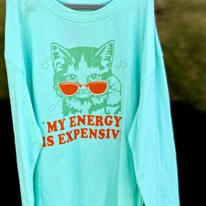 Retro Cat Graphic Tee - Aqua with Orange Print